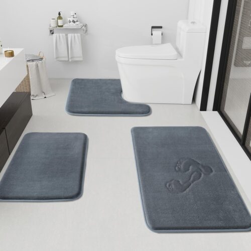 Three-Piece Grey Velvet Bath Mat Set