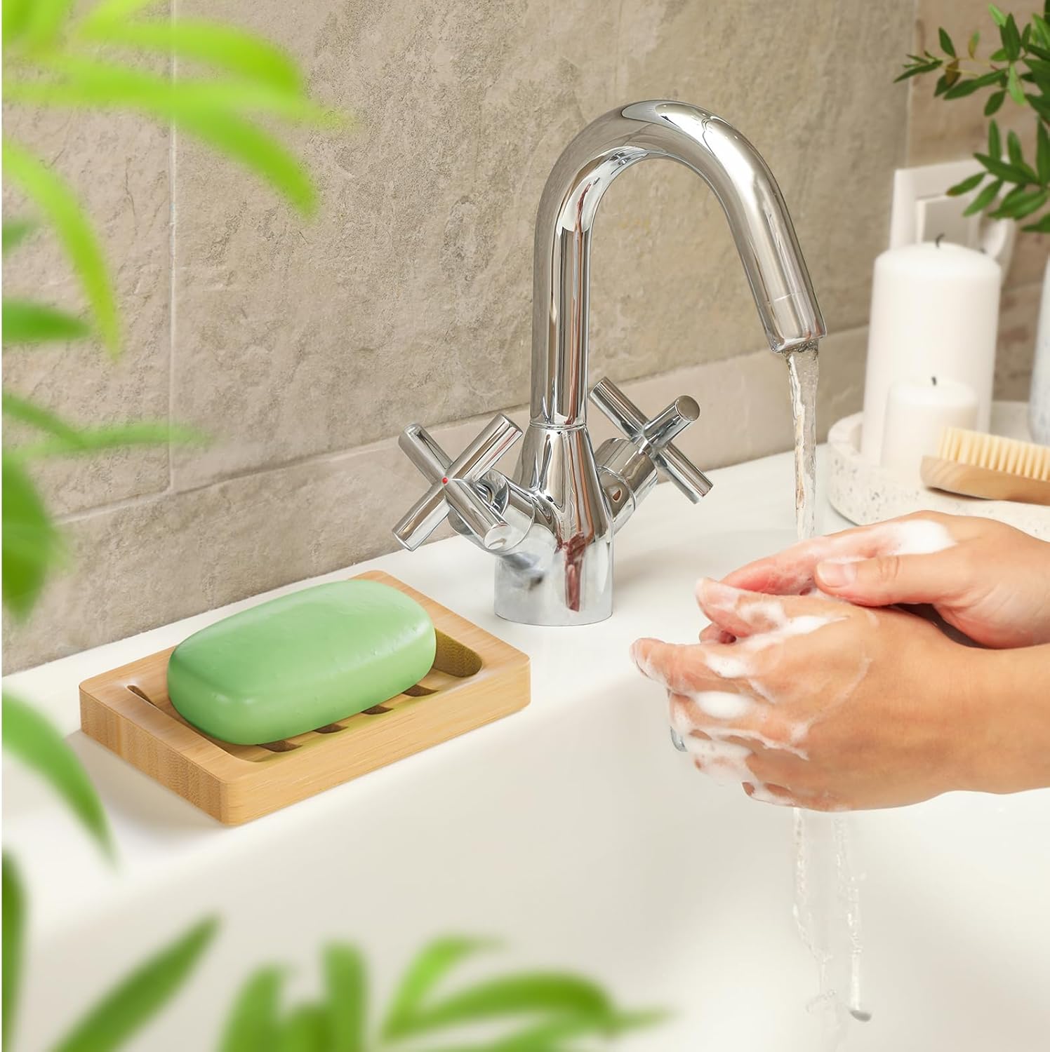 Two-Pack Natural Bamboo Self-Draining Soap Tray - Image 2