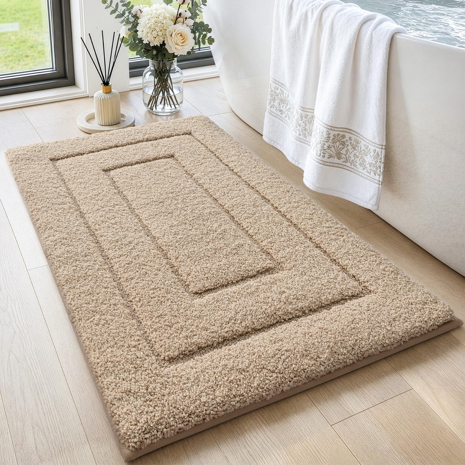 Beige Microfibre Plush Bath Non-Slip Mat