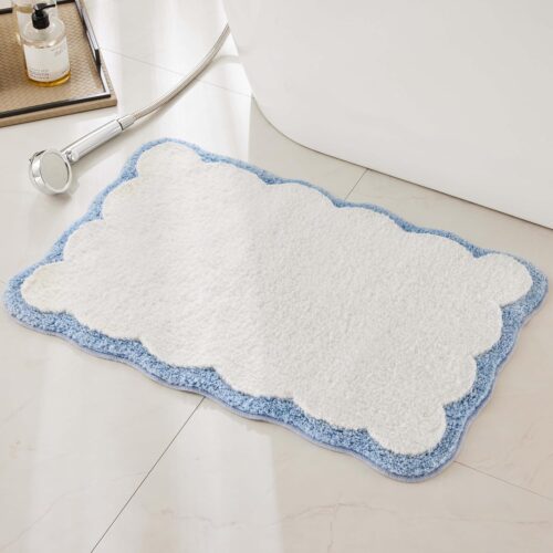 White Microfibre Bath Mat Scalloped Trim