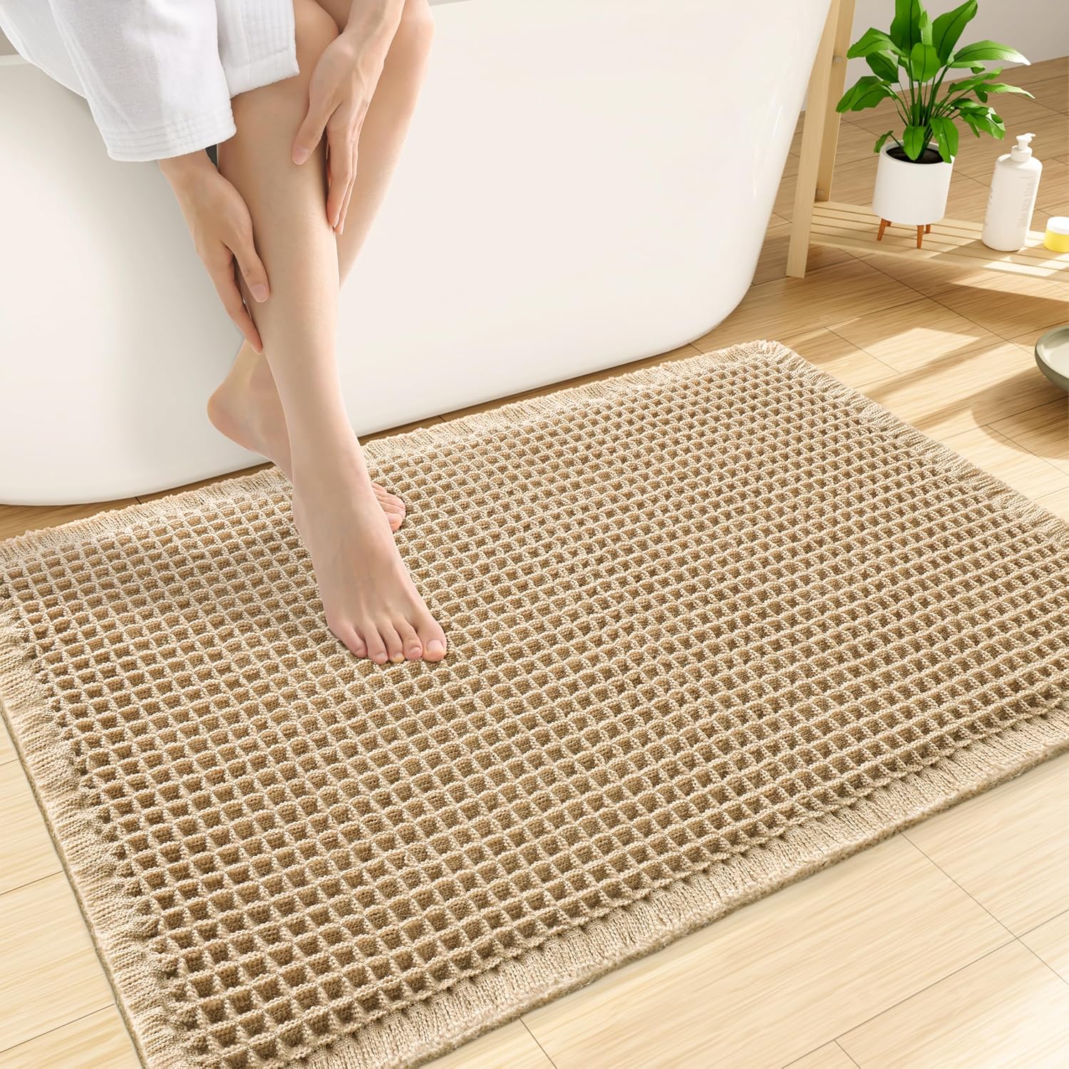 Brown Soft Waffle-Texture Absorbent Bath Mat